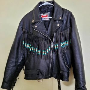 Vintage black leather Route66 women's XL men's medium fringed motorcycle jacket